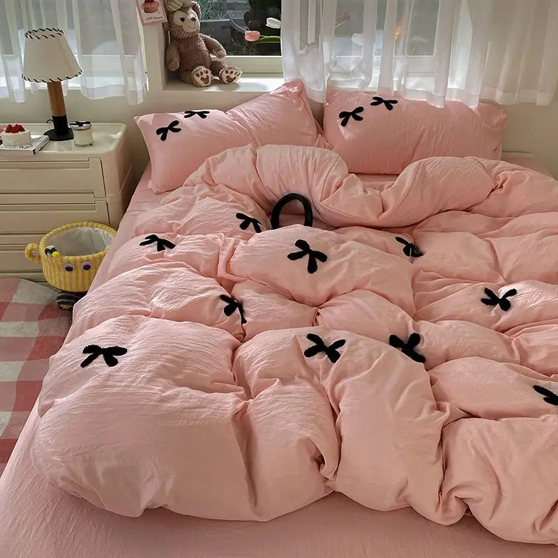 Skin Friendly Washed Cotton Bow Towel Embroidered Duvet Cover Set NO Filler Girls Princess Home Bedding Flat Sheet Pillowcase
