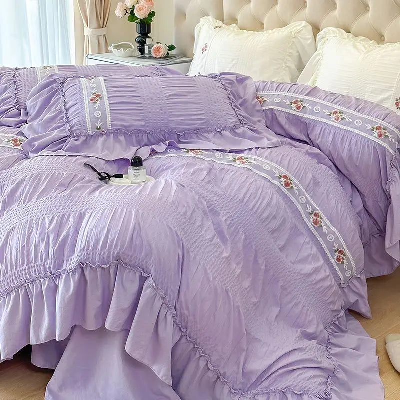 Lace Bedding Set for Girls, Princess Duvet Cover with Sheet, Soft Washed Cotton, French Romantic Home Textiles, Elegant and Soft