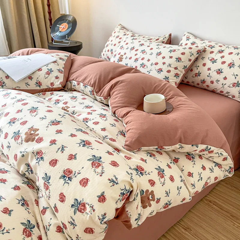 Vintage Floral Style Bedding Set No Filler Soft Fall Winter Thickening Duvet Cover Flat Sheet Pillowcase Full King Bed Linen