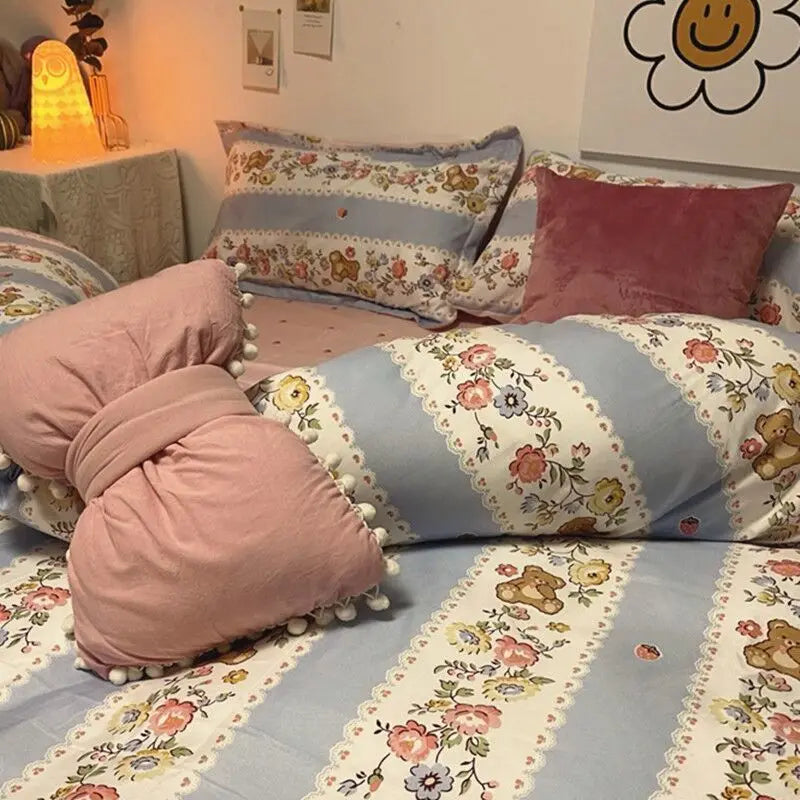 Ins Retro Flower Bedding Set Flat Bed Sheet Pillowcase Twin Full Queen Size Bed Linen Women Girls Caramel Floral Duvet Cover Set