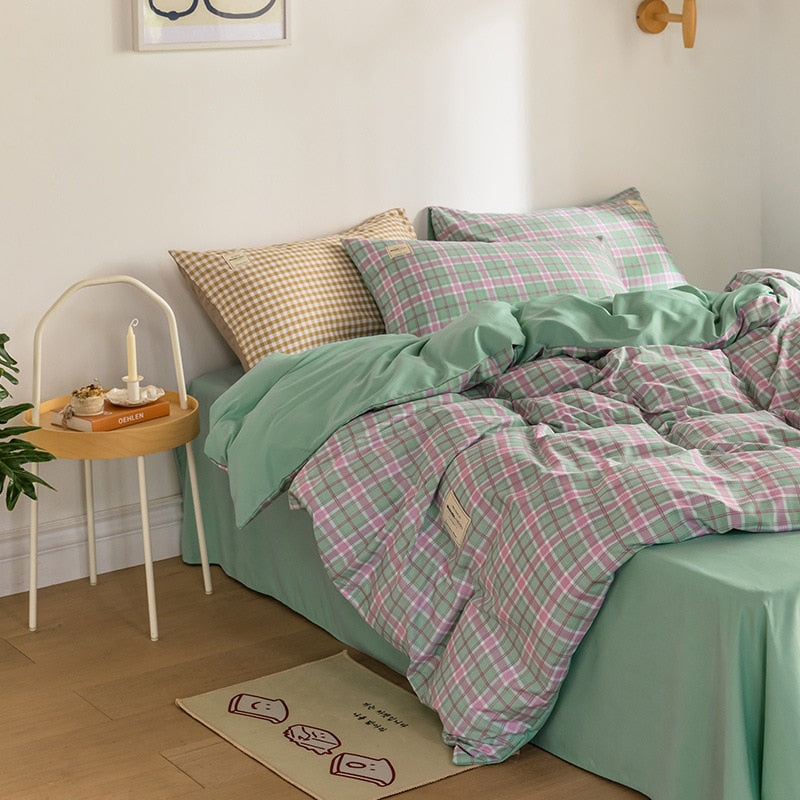 Japan Style Plaid Pattern Duvet Cover Set Queen Soft Skin Friendly Washed Cotton Bedding Set Home Textile Bed Linens Quilt Cover