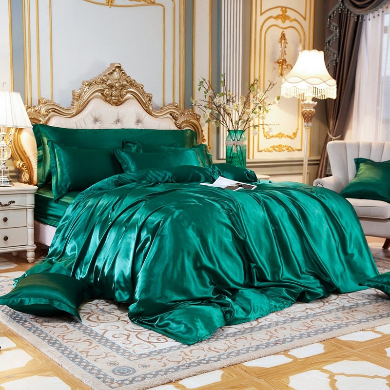Solid Color Bedding Set with Mulberry Silk Duvet Cover Bed Sheet Pillowcase Luxury Satin Bedsheet King Queen Double Twin Size