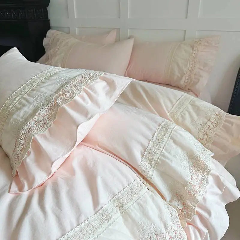 Pink Luxury Princess Wedding Lace Ruffles 100% Cotton Bedding Set Duvet Cover Bed Sheet/Bed Skirt/Fitted Sheet Pillowcases 4Pcs
