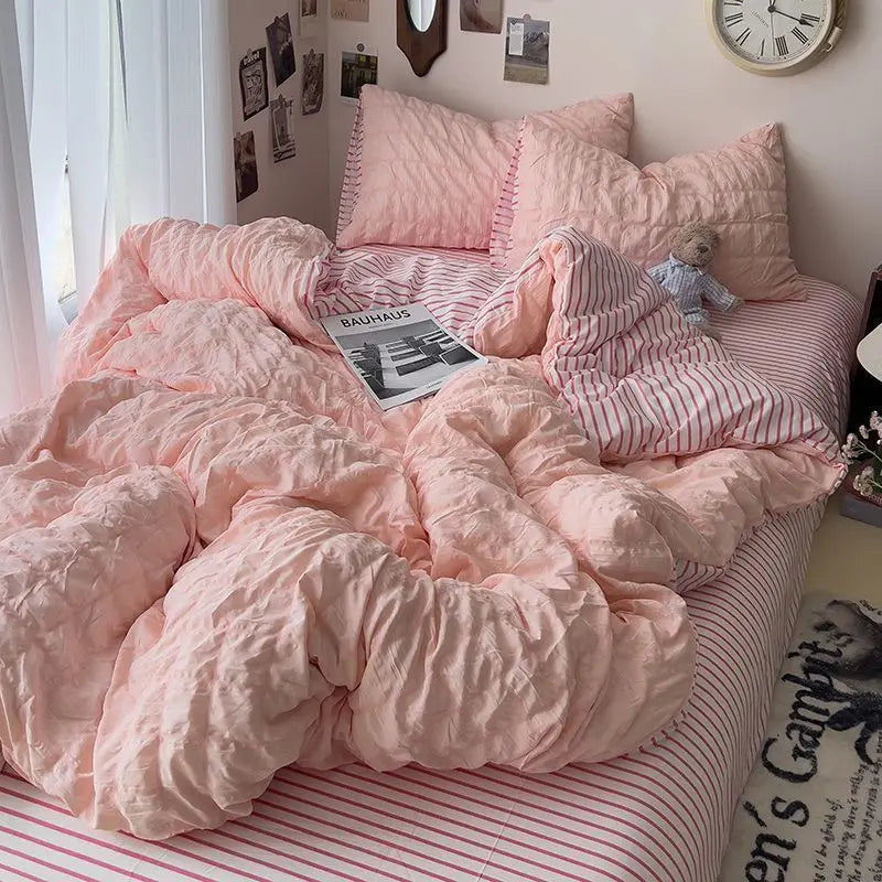 Seersucker Princess Girls Bedding Set Duvet Cover Korean Four PIECE  Washed Cotton Bed Sheet  Cover Quilt Set