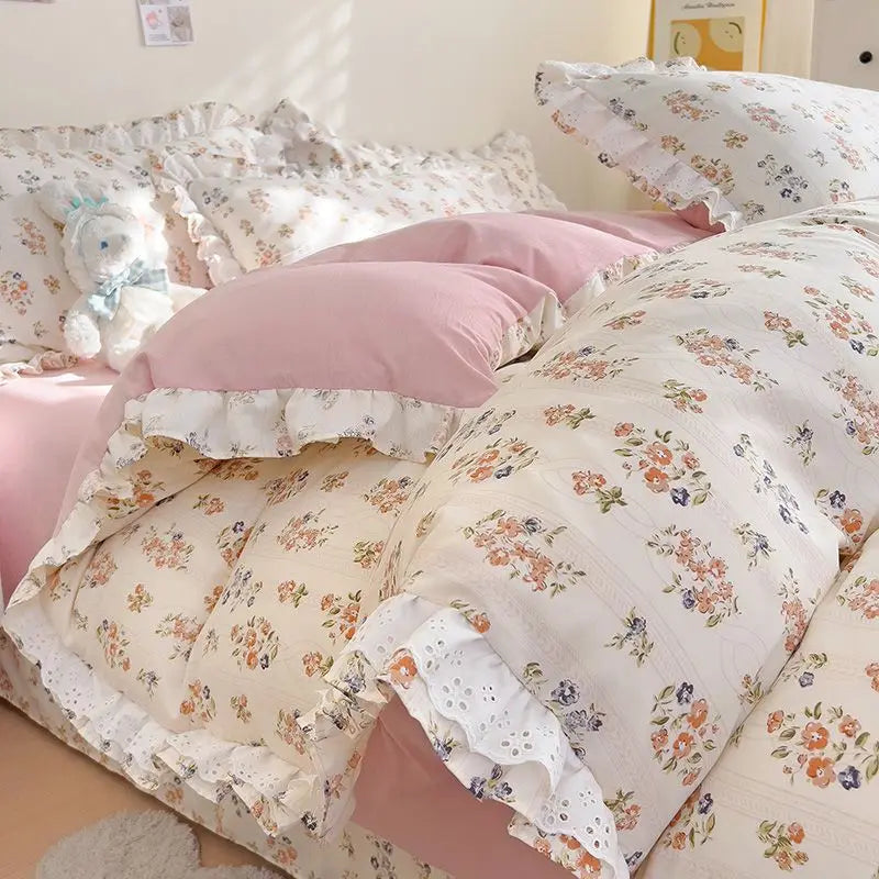 Princess Style Lace Ruffles Bedding Set Purple Tulips Duvet Cover and Flat Sheet Pillowcases Girls Romantic Floral Home Textiles