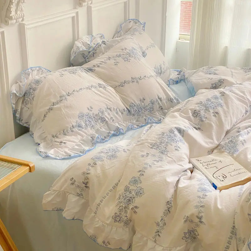 French Ins Bedding Set No Filler Korean Floral Ruffles Single Double Queen Size Duvet Cover Sheet Pillowcase Home Textile