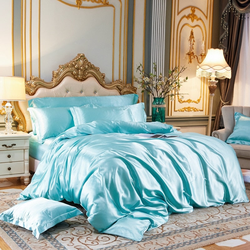 Solid Color Bedding Set with Mulberry Silk Duvet Cover Bed Sheet Pillowcase Luxury Satin Bedsheet King Queen Double Twin Size