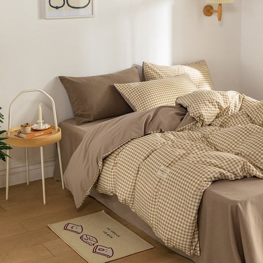 Japan Style Plaid Pattern Duvet Cover Set Queen Soft Skin Friendly Washed Cotton Bedding Set Home Textile Bed Linens Quilt Cover