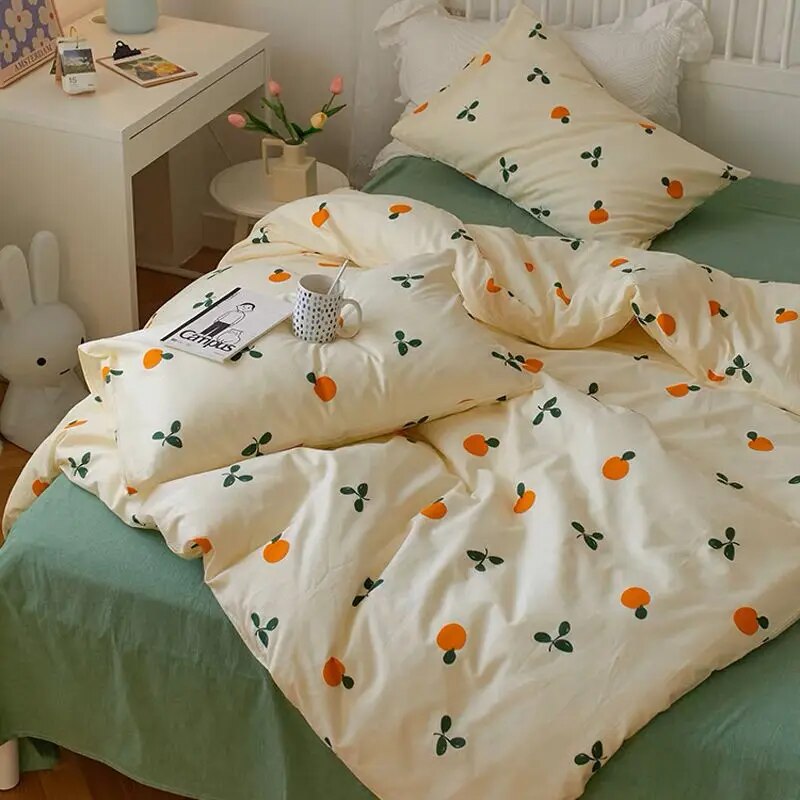 Kawaii Cherry Duvet Cover Set Pillowcase Flat Sheet Floral Boys Girls Twin Full Size Soft Bedding Kit Korean Ins Style Home Use