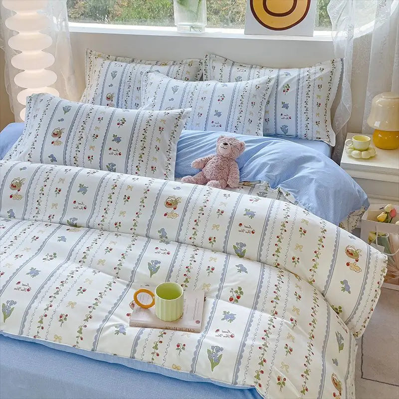 Fashion Duvet Cover Set Korean Ins Style New Flat Sheet Pillowcase No Filler Kids Adult Bedding Kit Twin Queen Bed Linen