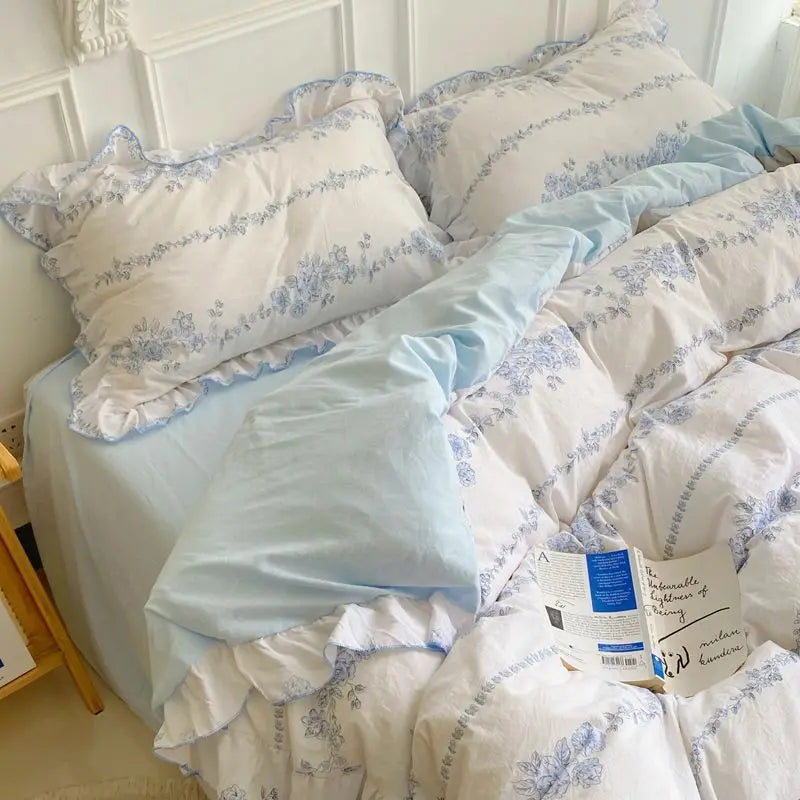 French Ins Bedding Set No Filler Korean Floral Ruffles Single Double Queen Size Duvet Cover Sheet Pillowcase Home Textile