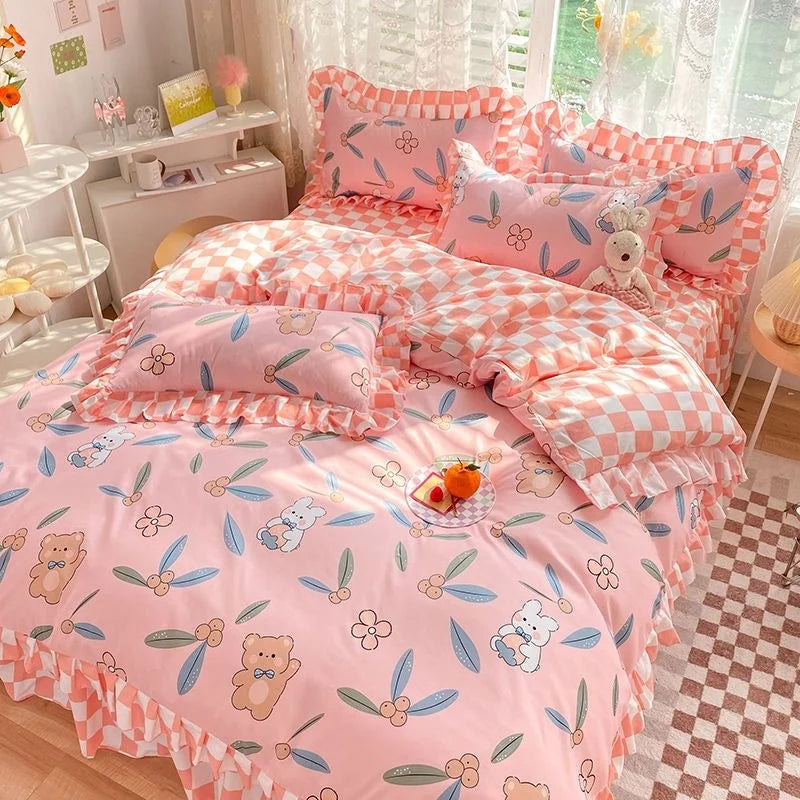 Pink Korean Princess Bedding Set No Filling Cute Strawberry Duvet Cover Checkerboard Single Queen Size Bed Linen Pillowcases