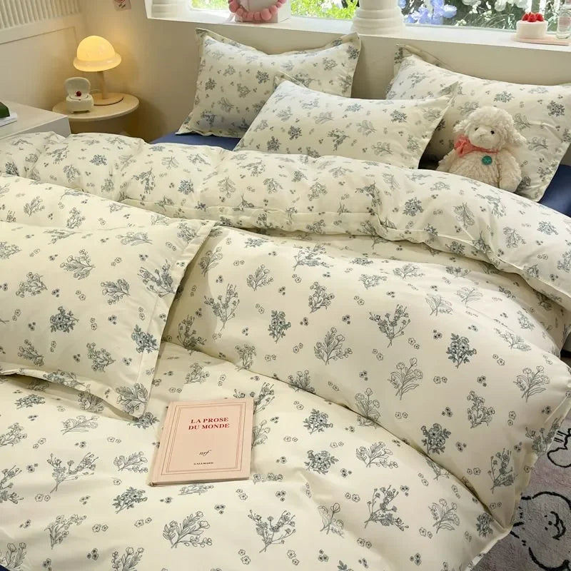 Green Floral Duvet Cover Set No Filler Pillowcase Flat Sheet Fashion Single Queen Size Girls Blanket Decoration Bedding Set
