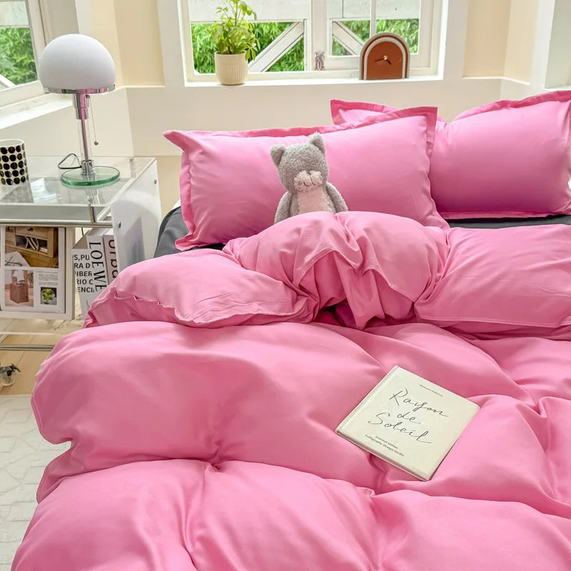 Nordic Solid Color Duvet Cover Set with Zipper Girls New Flat Bed Sheet Pillowcases No Filler Double Queen Size Bedding Linens