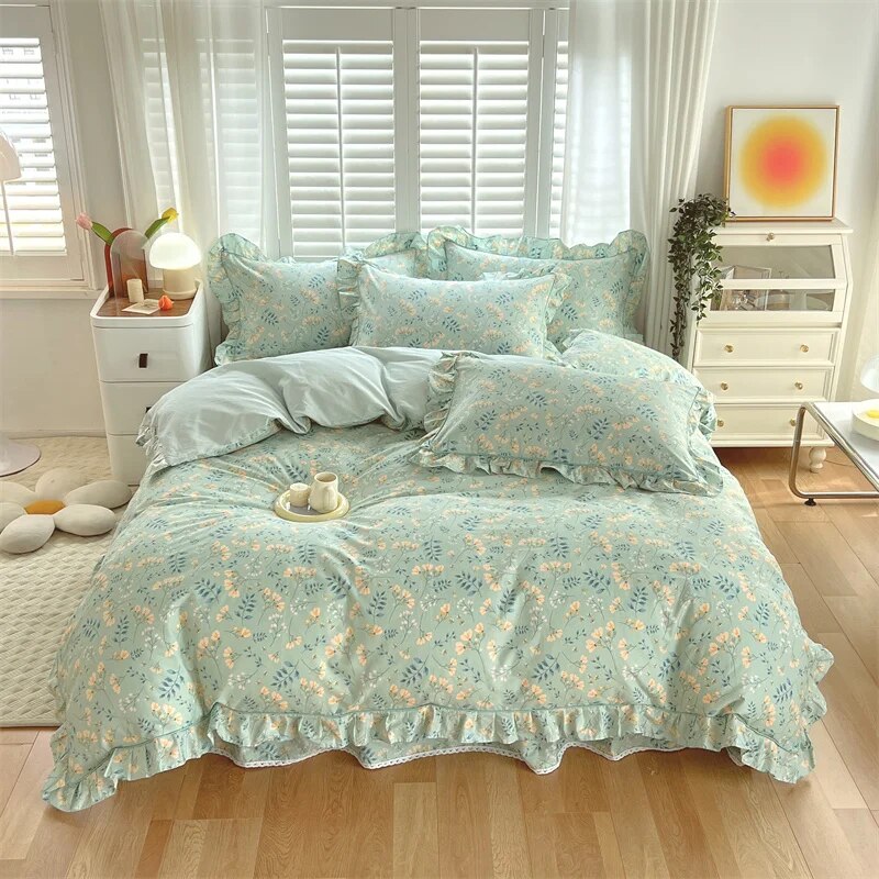 Ruffle Bedding Set 100% Cotton 1 Duvet Cover 2 Pillowcases No Sheet  Ultra Soft Touch Floral Style 200x230 220x240