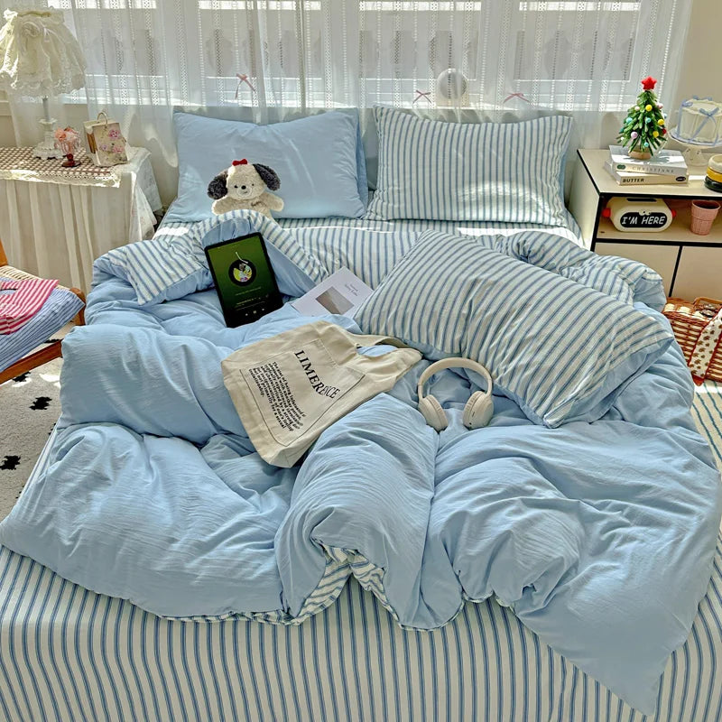 Striped Bedding Set Ins Korean Duvet Cover Set Flat Sheets Set With 2 Pillowcases Single Twin Full Queen Size Bed Linen Set