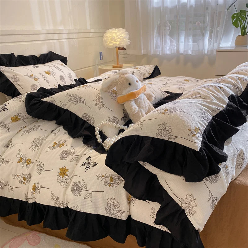 Solid Colour INS French Style Bedding Set For adults kids Brown pink Flat Sheet With Pillowcases Colorful King Queen Full size