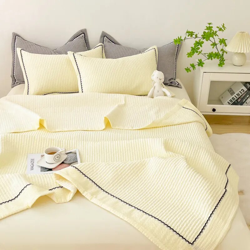 Korean Bubble Yarn Summer Blanket for Double Bed Breathable Thin Comforter Set Machine Washable Quilt 3 Pcs Set or Single Quilts