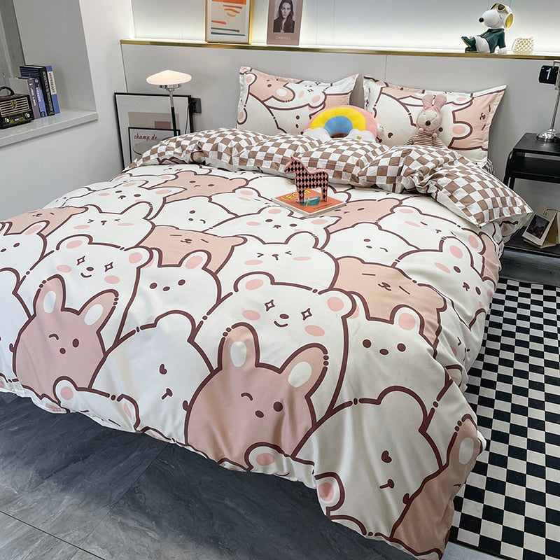 Home Textile Pink Bedding Set For Girl Kid Teen Beds Sheet Strawberry Duvet Quilt Cover Pillowcase Stripe Bed Sheet
