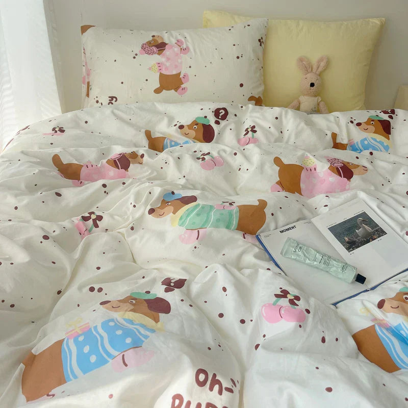 Korean Style Cute Bedding Set For Girls Bed Linen New Skin Friendly Fresh Flora Printed Washed Cotton Duvet Cover Set