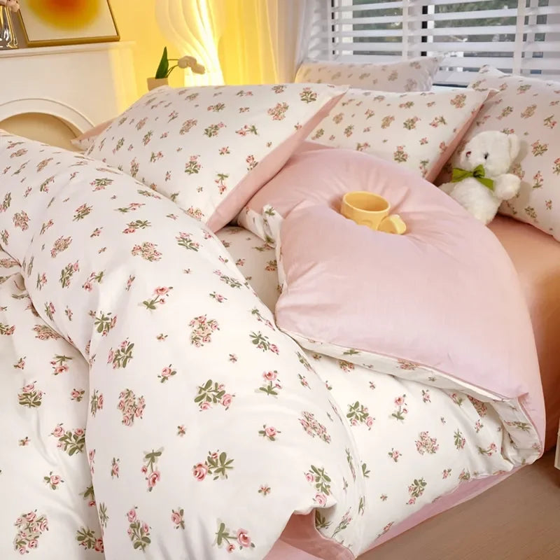 Green Floral Duvet Cover Set No Filler Pillowcase Flat Sheet Fashion Single Queen Size Girls Blanket Decoration Bedding Set