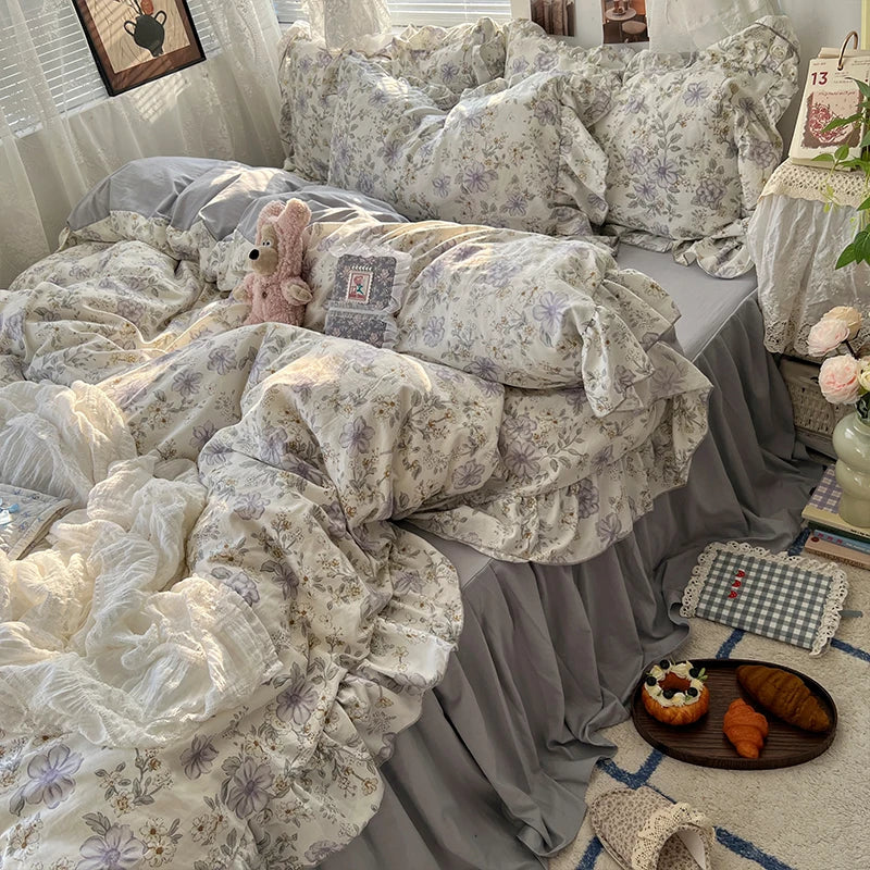 3/4Pcs Korean Princess Style Floral Ruffles Bedding Set Skin-friendly Soft Duvet Cover Set Bed Sheet Or Bed Skirt Pillowcases