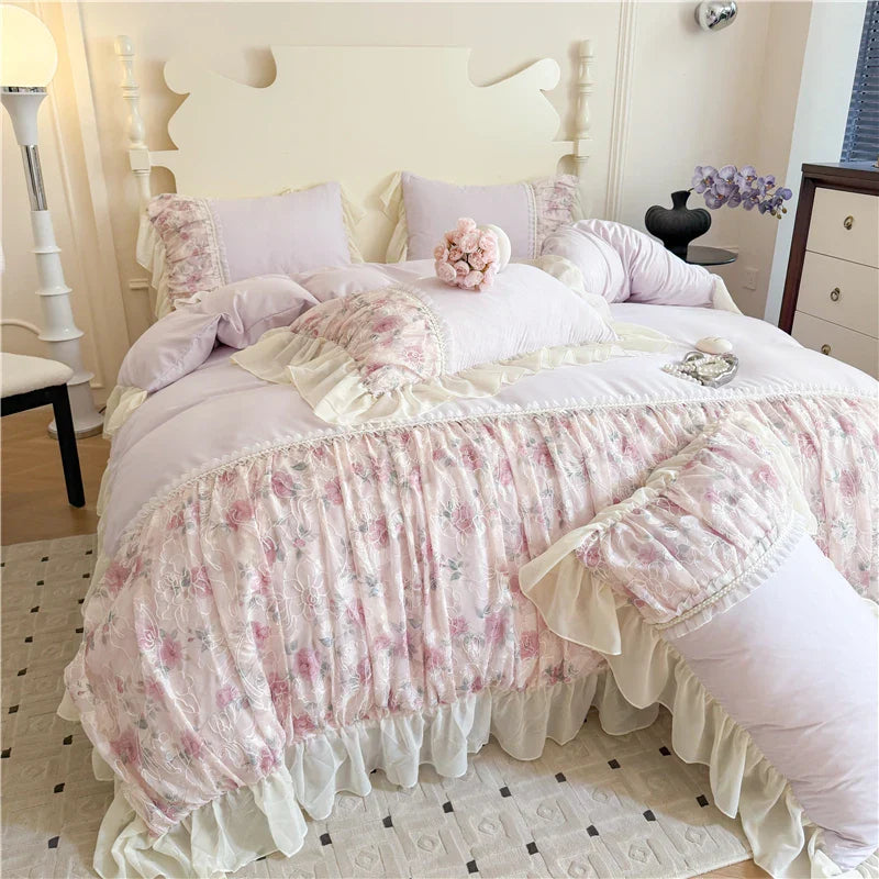 Princess Style Duvet Cover Sets with Lace Embroidery Bed Cover for Girls  Queen/King Size 이불커버 Soft Pink Bedding with Ruffles
