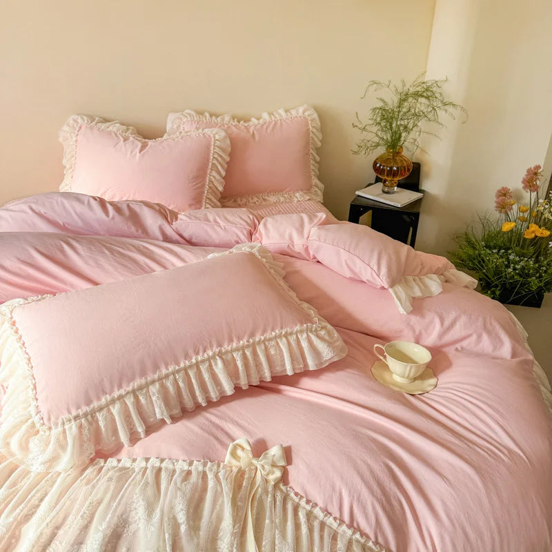 Korean style Princess lace bow bedding set pink sweet girl chiffon ruffles duvet cover bed sheet pillowcase wedding home textile