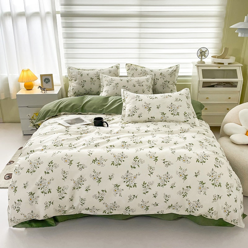 Soft Bedding Set Nordic  Washed Cotton Linen Duvet Cover  Plant Pattern Home Textile Queen King Cover Pillowcase Bed