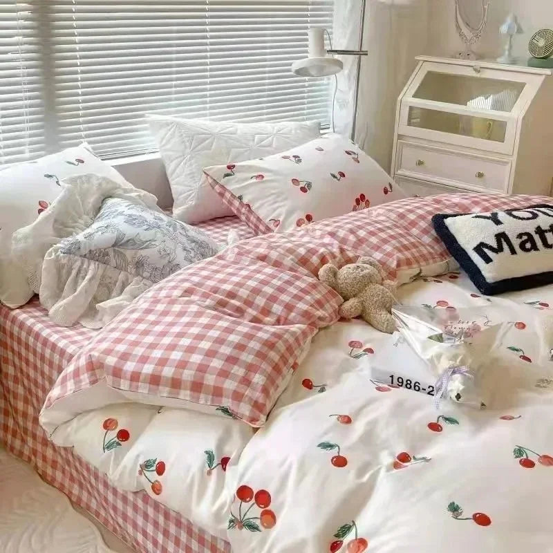 Nordic Simple Small Check Dark Green Bedding Set Soft High Quality Quilt Cover Polyester Aesthetic Bed Sheet With Pillowcases
