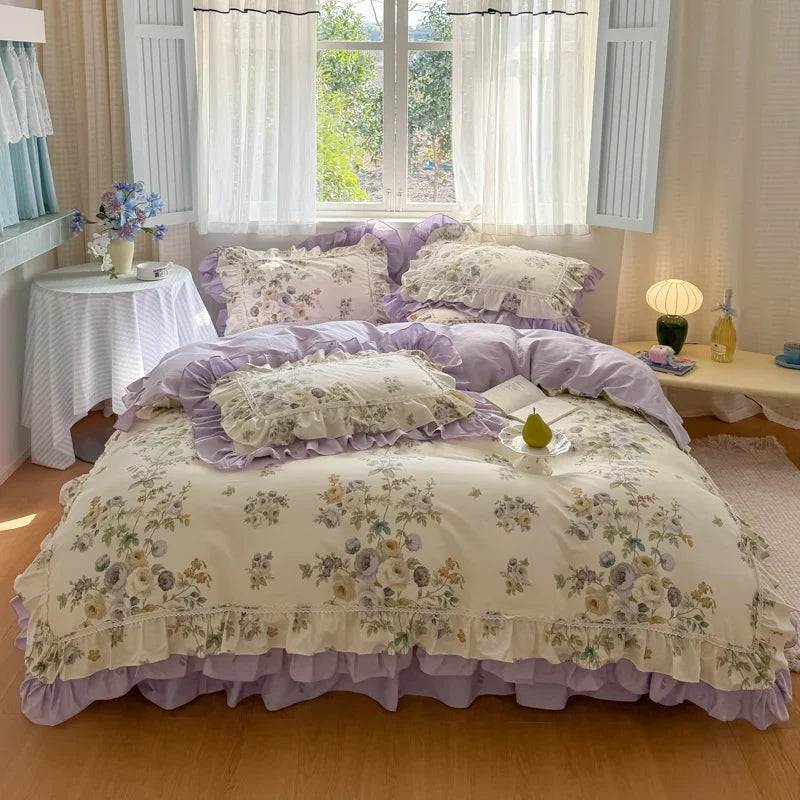 Romantic Flowers Prints Bedding Set Korean Style 100% Cotton Lace Princess Wedding Duvet Cover Bed Skirt Bedspread Pillowcases