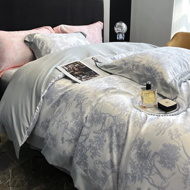 Luxury Home Textile Bedding Set 100% Tencel Quilt Cover Duvet Cover Flat Bed Sheet Pillowcases Comforter Bed Linens Queen King