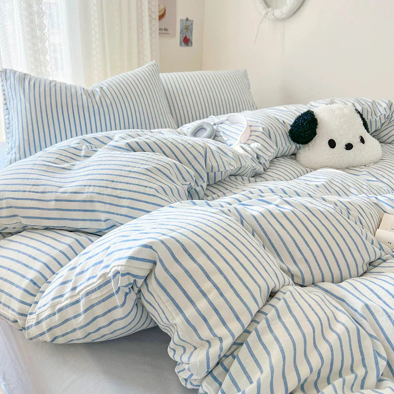 New Stripe Double-Layer Yarn Quilt Cover Bed Flat sheet Pillowcase Full Queen Bed Linen Adult Kids Duvet Covers No Filling