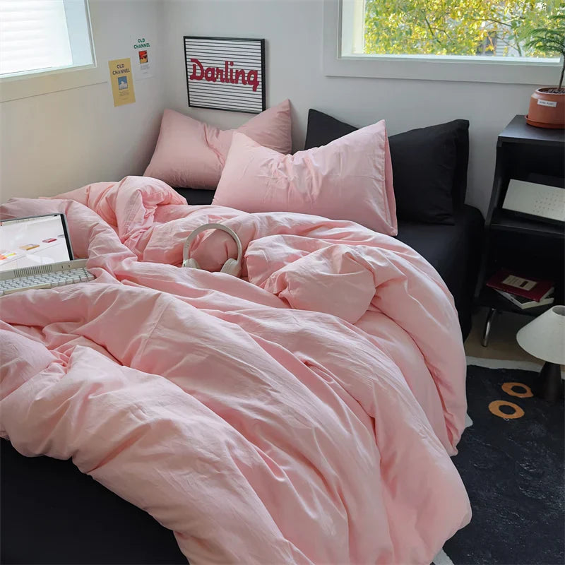 INS Hot Coffee Bedding Set For Girls Soft Washed Cotton Bed Sheet Queen King Size Duvet Set Comforter Set Pillowcase Bed Linens