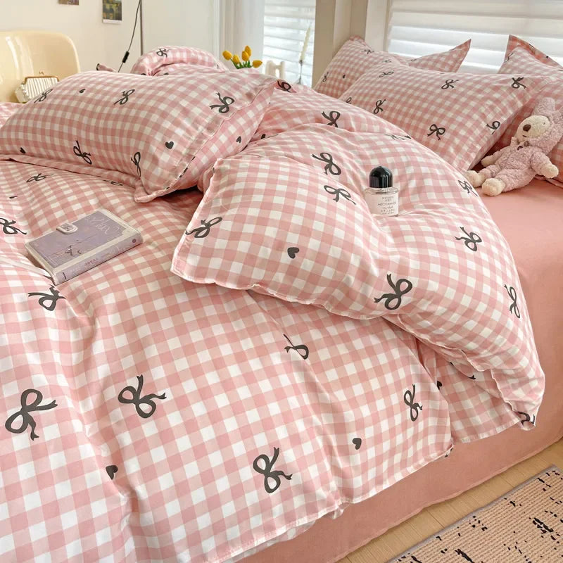 Japanese Style Duvet Cover Set No Filler Blue Plaid Pillowcase Flat Sheet Nordic Single Queen Size Bedding Set