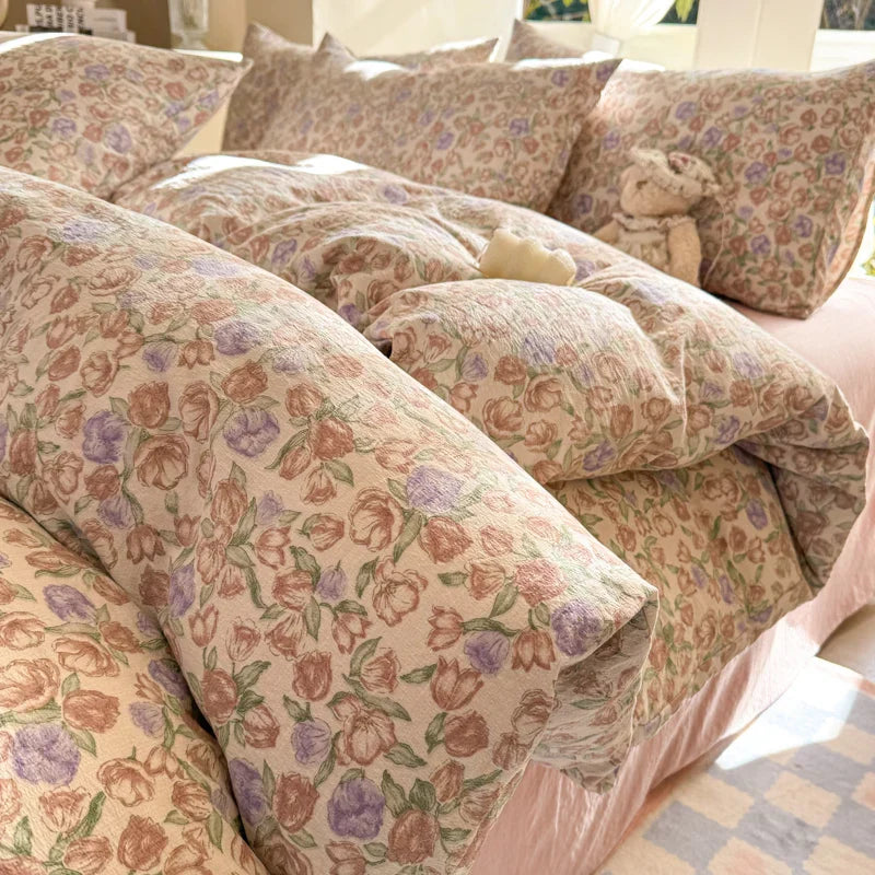 Korean Bow Bedding Sets For Girls 2025 New Duvet Cover Set Queen Full Size Flat Bed Sheet Quilt Cover Pillowcase Kawaii