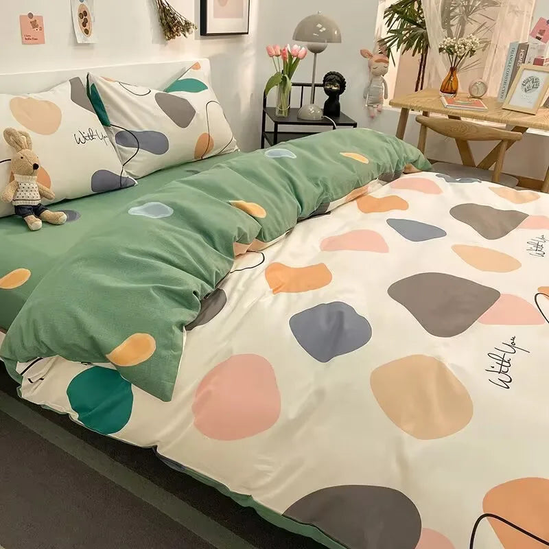 Korean Style Fashion Bedding Set Kids Adults Twin Full Queen Size Blue Bed Flat Sheet Duvet Cover Pillowcases Floral Bed Linen