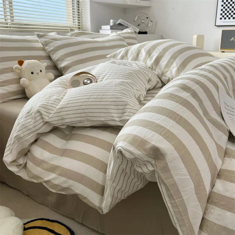 Washed Cotton Double Yarn Crepe Striped Quilt Set 3-4 Pillowcase with Sheet Bedding Cover Supplies 200x230 220x240 Skin Friendly