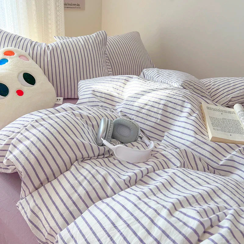 New Stripe Double-Layer Yarn Quilt Cover Bed Flat sheet Pillowcase Full Queen Bed Linen Adult Kids Duvet Covers No Filling