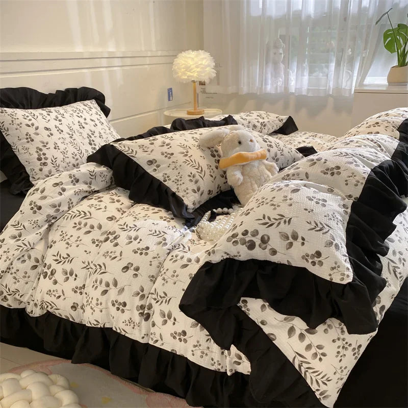 Solid Colour INS French Style Bedding Set For adults kids Brown pink Flat Sheet With Pillowcases Colorful King Queen Full size