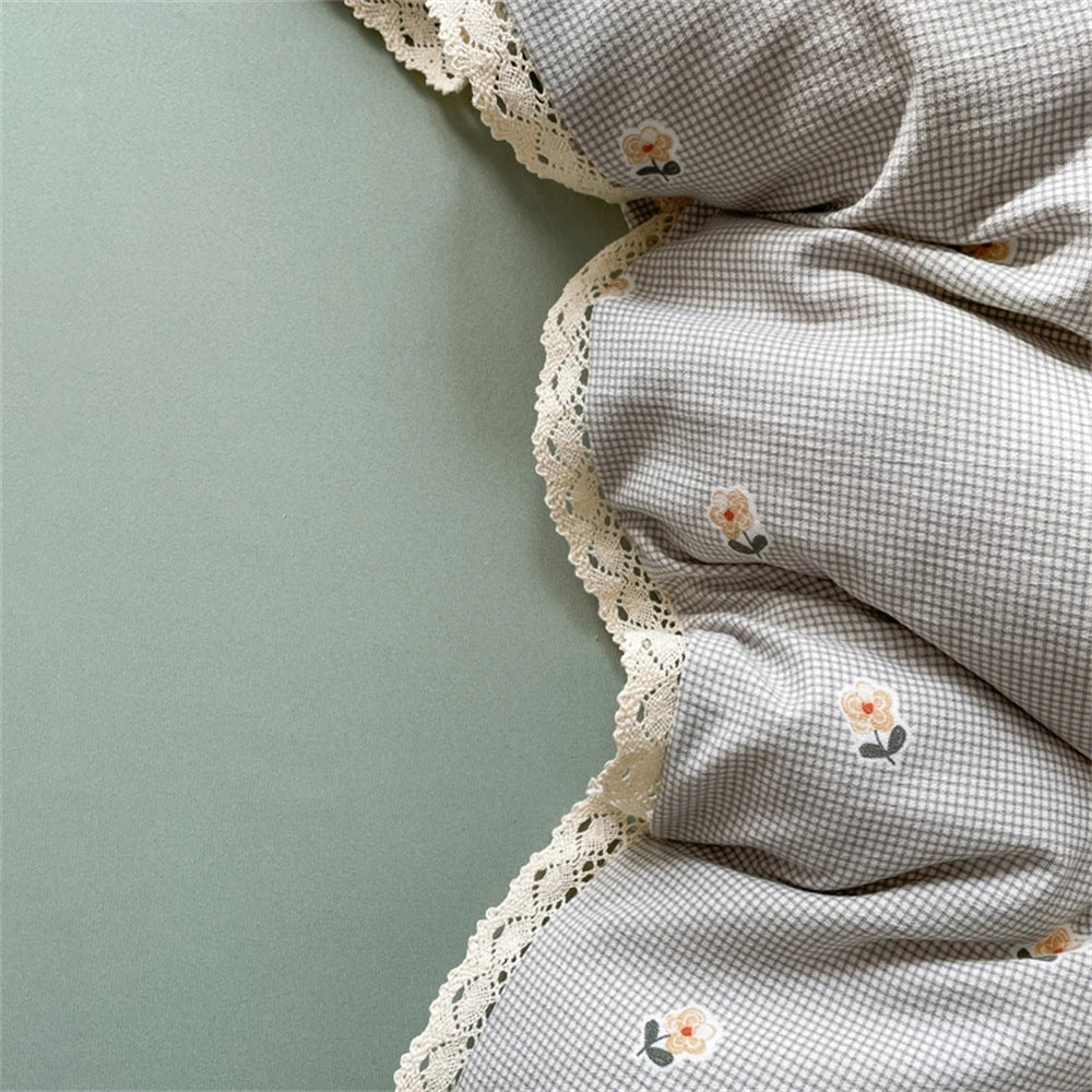 INS Girls Cherry Soft Bedding Set Washed Cotton Bed Sheet Queen King Size Duvet Set Flower Comforter Set Pillowcase Bed Linens