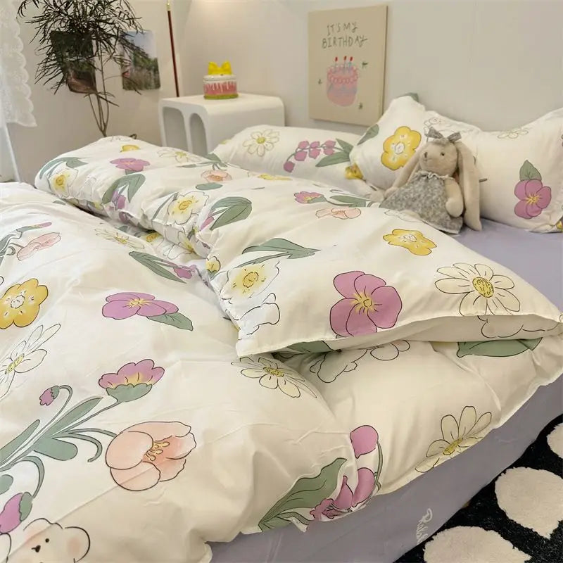 Floral Korean Style Duvet Cover Set No Filler Pillowcase Flat Sheet Twin Queen Size Boys Grils Romantic Bedding Kit