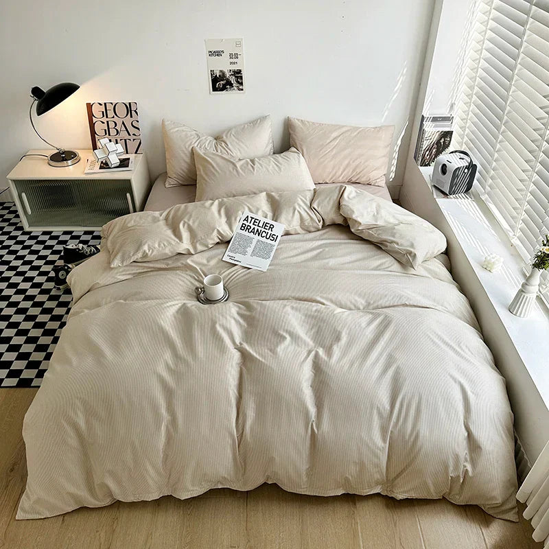 Japanese Simple Plaid Duvet Cover Set Retro Stripe Bedding 3PCS Soft Breathable Lightweight Quilt Covers Set with Zipper Closure