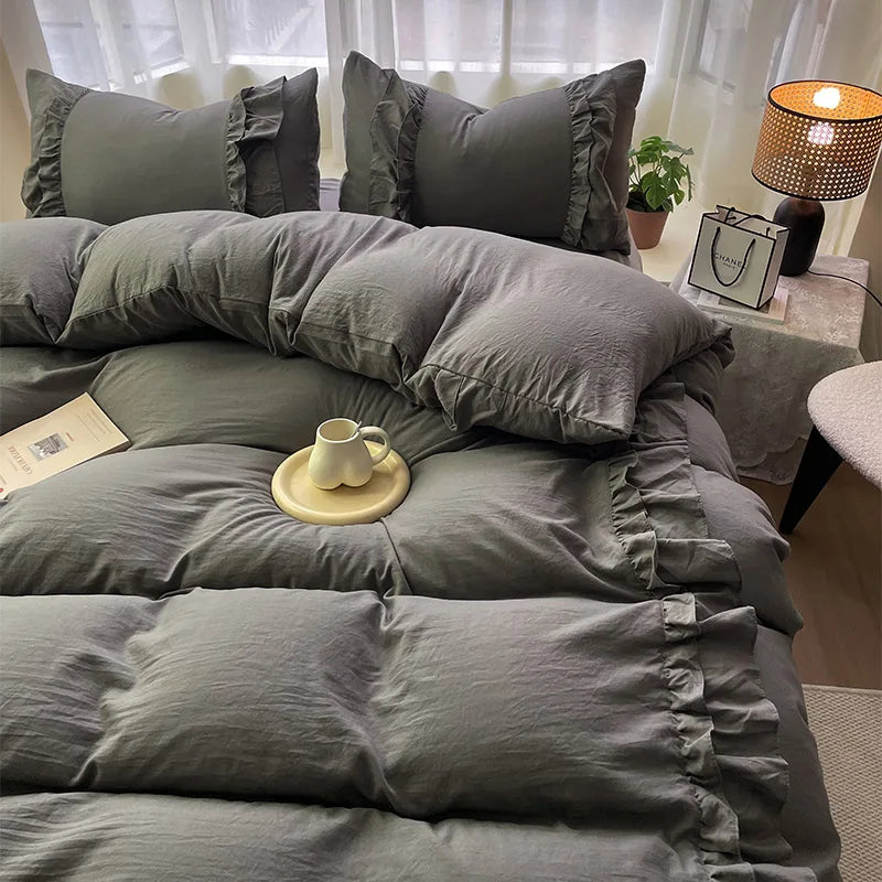 INS Princess Grey Bedding Sets 2025 Solid Color Ruffle Quilt Cover Romantic Bed Sheet Sets Girls Bedroom Duvet Cover 4pcs