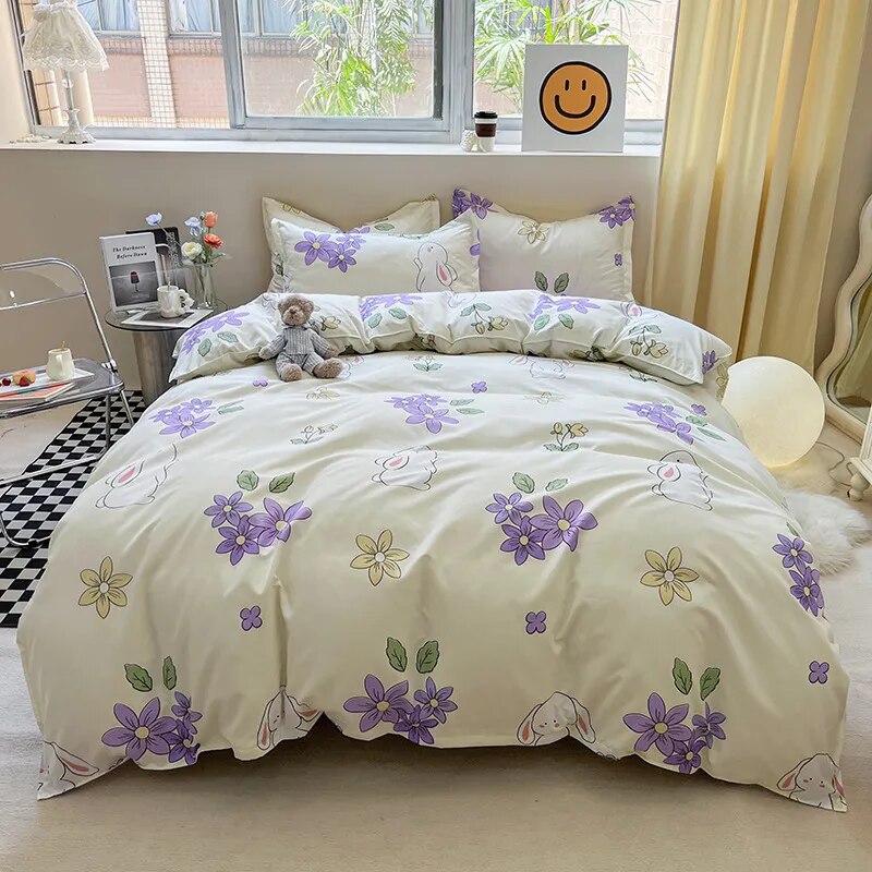 Floral Printed Duvet Cover Set with Sheet Pillowcases Warm Cute Cartoon Bed Linen Full Queen Size Home Gift Bedding Set