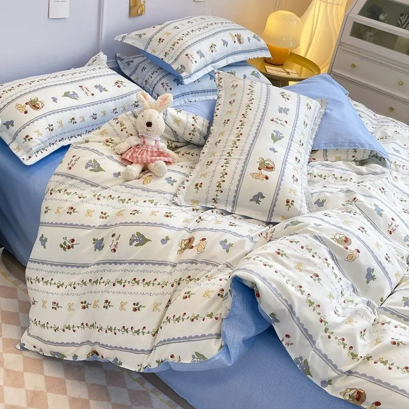 Kawaii Cherry Duvet Cover Set Pillowcase Flat Sheet Floral Boys Girls Twin Full Size Soft Bedding Kit Korean Ins Style Home Use