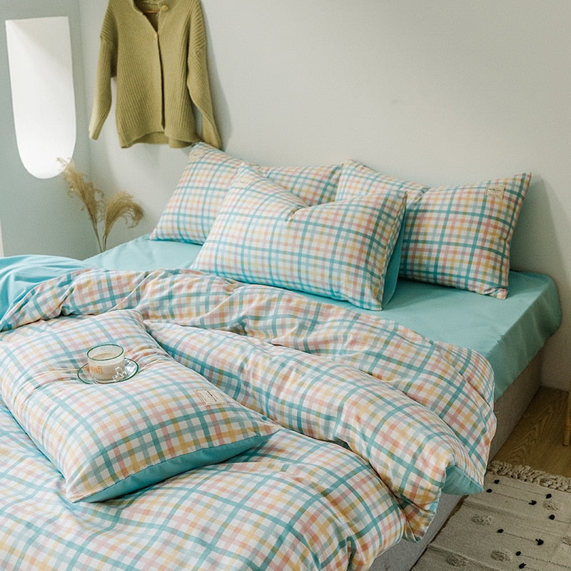 Japan Style Plaid Pattern Duvet Cover Set Queen Soft Skin Friendly Washed Cotton Bedding Set Home Textile Bed Linens Quilt Cover