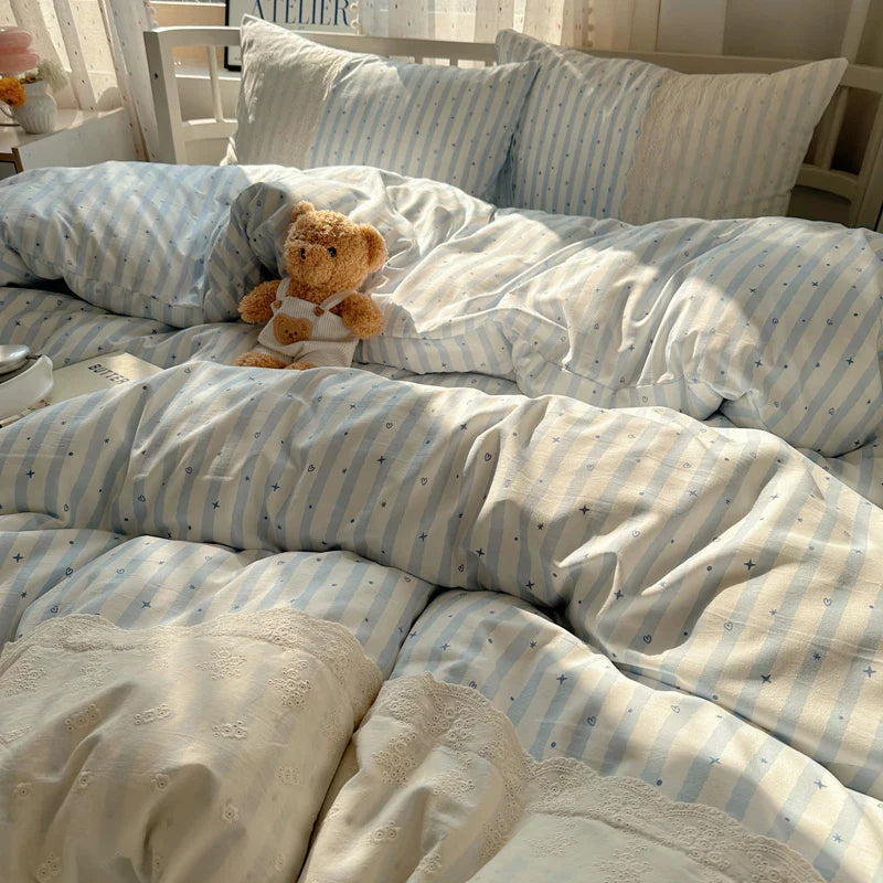 Striped Princess Bedding Set INS Nordic Girls Soft Washed Cotton Bed Flat Sheet Twin Queen Size Duvet Set Pillowcase Bed Linens
