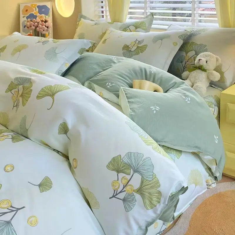 Green Floral Duvet Cover Set No Filler Pillowcase Flat Sheet Fashion Single Queen Size Girls Blanket Decoration Bedding Set