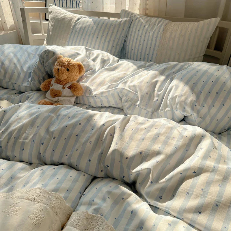 Striped Princess Bedding Set INS Nordic Girls Soft Washed Cotton Bed Flat Sheet Twin Queen Size Duvet Set Pillowcase Bed Linens
